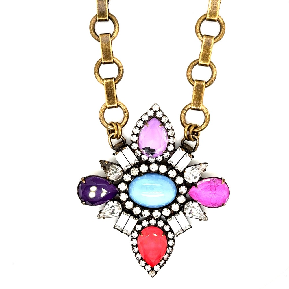 Loren Hope Multi-Color Crystal Statement Necklace Antique Brass Tone 20 Inch